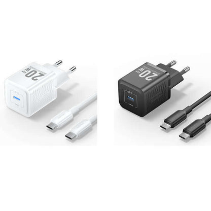 Vention 1-Port USB-C GaN Charger 20W with Cable 1M in white and black options, showcasing fast charging capabilities.