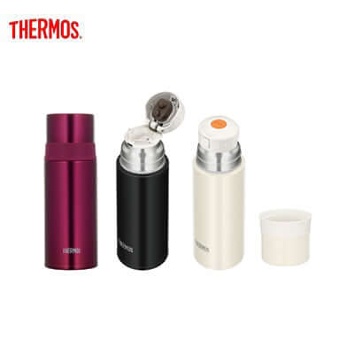 Thermos FFM-351 Bottle with Cup in Burgundy, Matte Black, and Pearl White colors for corporate gifts.