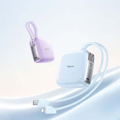 Remax FP-60 10000mAh Powerbank with Cables in white and lavender design, showcasing cables for easy charging.