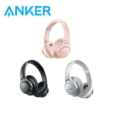 Anker Soundcore Life Q20 Over-Ear Headphones with Hybrid ANC in pink, black, and silver colors.