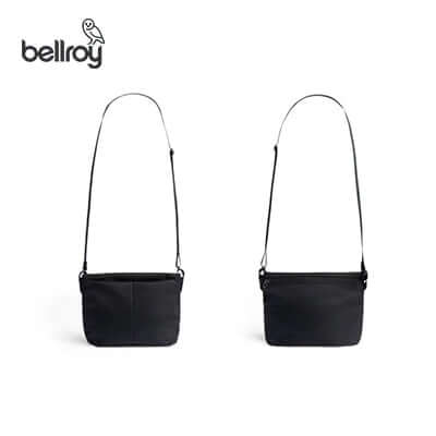 Bellroy Laneway Sacoche Crossbody Bag in black, showcasing its sleek design and adjustable strap.