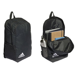 Adidas Motion Backpack showing exterior and interior with books and water bottle, perfect for corporate gift Singapore.