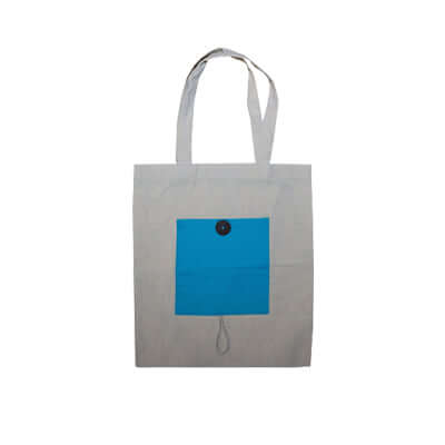 Foldable Cotton Bag with Button in natural cotton with blue pocket, ideal as a corporate gift.