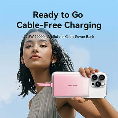 Vention 10000mAh Power Bank 22.5W LED Display with built-in cable for easy charging.