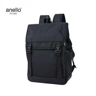 Anello Nile Flappy Backpack in black design, durable nylon and water-repellent, ideal for everyday use and corporate gifts.