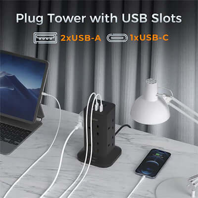 TESSAN Tower 8 Sockets Outlet Plug with 2 USB-A & 1 USB-C Ports on desk with laptop and lamp.