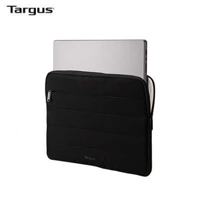 Targus Puffer 13-14" Laptop Sleeve with a sleek design and a laptop inside, perfect for tech style and corporate gifts.