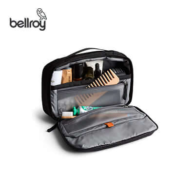 Bellroy Hanging Toiletry Kit open, showcasing organized compartments for travel essentials, ideal as a Corporate Gift.