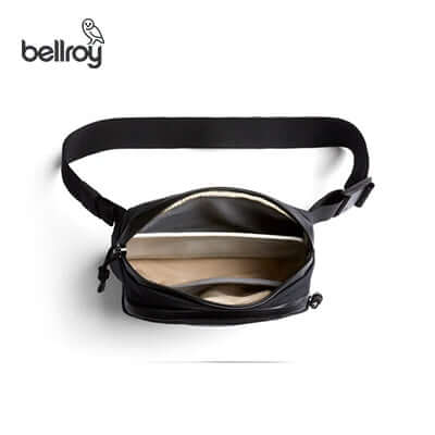 Interior view of the Bellroy Venture Hip Pack 1.5L showing compartments and adjustable waist belt.