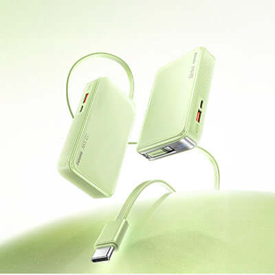Remax FCP-25 Powerbank with Retractable Type-C Cable 10000mAh (Copy) in green color, featuring fast charging technology.