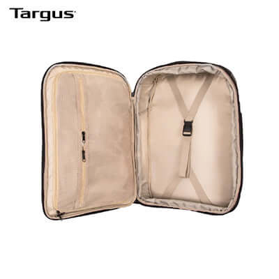 Interior view of Targus 15.6” Mobile Tech Traveler XL EcoSmart® Backpack showing spacious compartments.