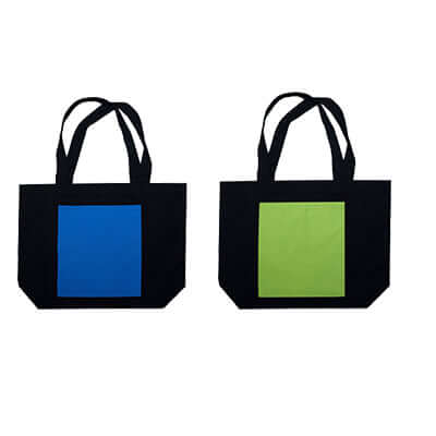 Two Natural Cotton Bags in blue and green, perfect for eco-friendly corporate gifts.
