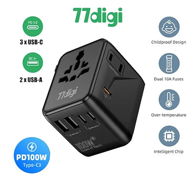 77digi 100W 3 Type-C + 2 USB Travel Adapter WWA100