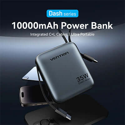 Vention 10000mAh Power Bank 35W with integrated cables, ultra portable for fast charging on the go.