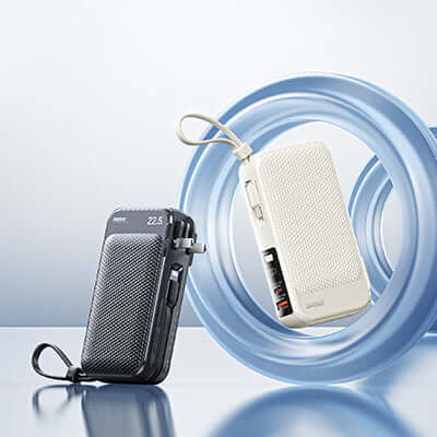 Remax RPP-105 Powerbank with Wall Plug 10000mAh in black and white showcasing modern design and dual charging capabilities.