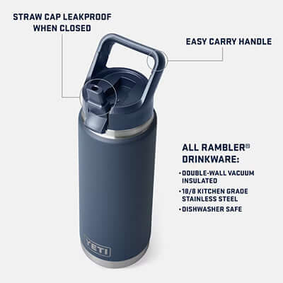 Yeti Rambler® 26 oz Water Bottle with Color-Matched Straw Cap featuring leakproof straw, easy carry handle, and durable stainless steel.