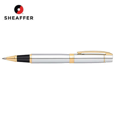 Sheaffer® 300 Chrome with Gold Trims Rollerball Pen on a white background, ideal for corporate gifts.