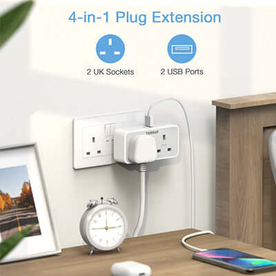 TESSAN Wall Socket Multi Plug Extension with 2 USB Port installed in a home setting, featuring UK sockets and USB ports.