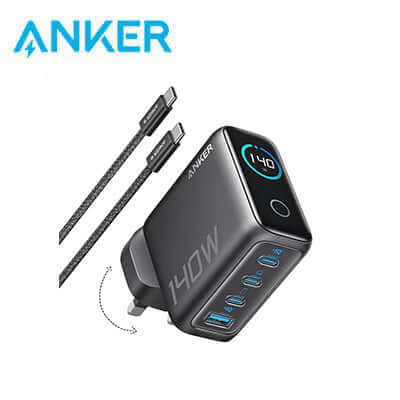 Anker 140W 4-Port Foldable PD 3.1 USB-C GaN Charger B2697 with charging cables.