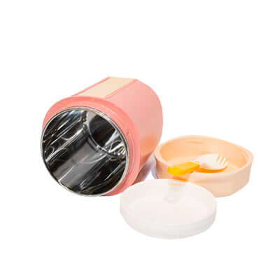 530ml Food Jar in pink with stainless steel interior and detachable lid and fork for easy meal transport.