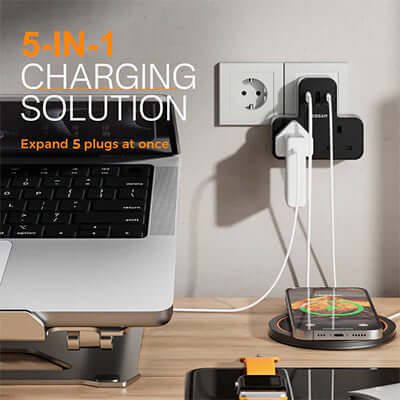 TESSAN Multi Plug Extension Wall Adapter with USB C showcasing 5-in-1 charging solution with multiple plugs connected.
