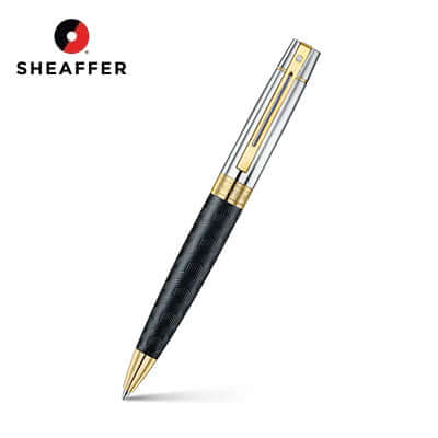 Sheaffer Engraved Black Ballpoint Pen with Chrome Cap and Gold Trims, elegant writing accessory.