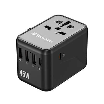 Verbatim 32123 5 Port 45W Universal Travel Adapter with multiple USB ports, ideal corporate gift for travelers.