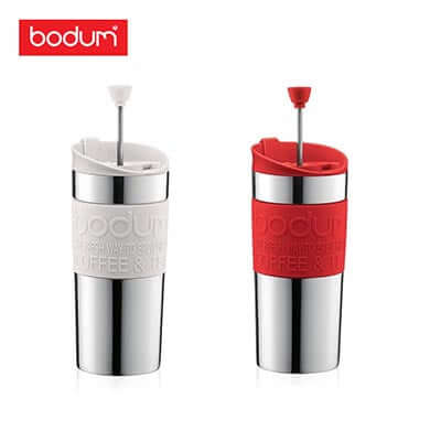 Bodum Travel Press Coffee Maker S/S 0.35L in white and red, ideal for coffee lovers on the go, perfect corporate gift.