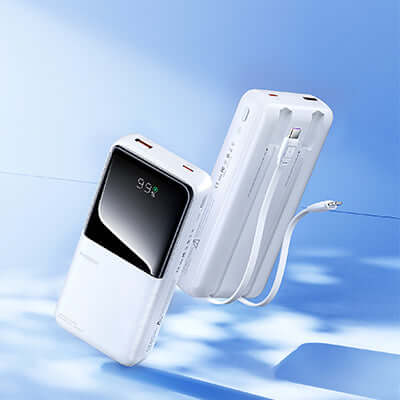 Remax RPP-680 Powerbank with Dual Fast Charging Cables 20000mAh on a blue background.