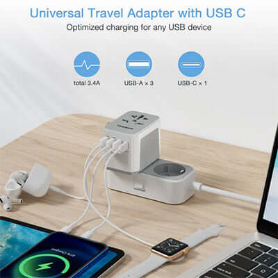 TESSAN 17W Universal Travel Adapter with 1 USB C & 3 USB A Ports Corporate Gifts Singapore