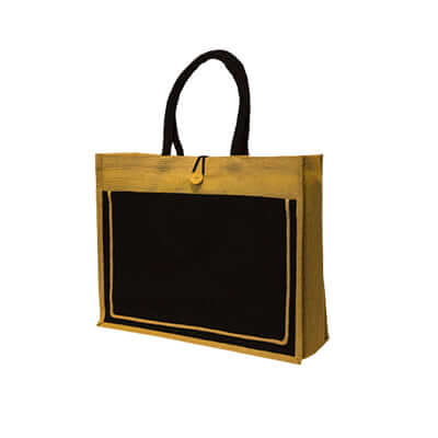 Laminated Jute Bag with Button, eco-friendly, durable, perfect for corporate gifts, 35cm x 43cm x 15cm.