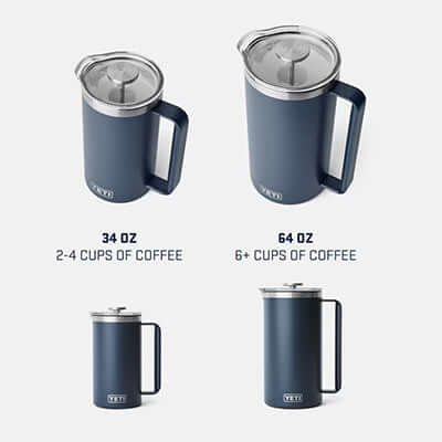 Yeti Rambler™ 34 oz French Press with Twist-To-Lock French Press Lid showcasing sizes for brewing 2-4 cups and 6+ cups of coffee.