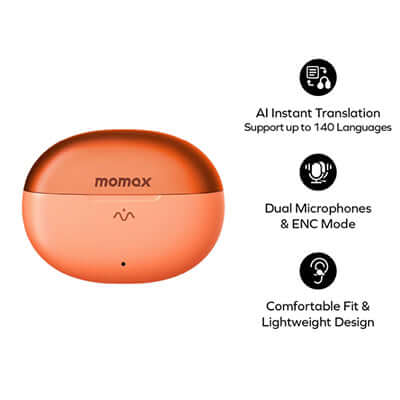 Momax 1-Vibe Clip M.IN.D AI ENC Clip-On Earbuds with AI translation and dual microphones.