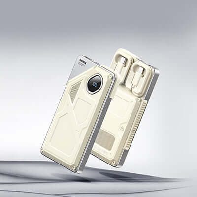 Remax FCP-28 Powerbank with Cables 20000mAh displayed on a sleek background, showcasing its elegant design.
