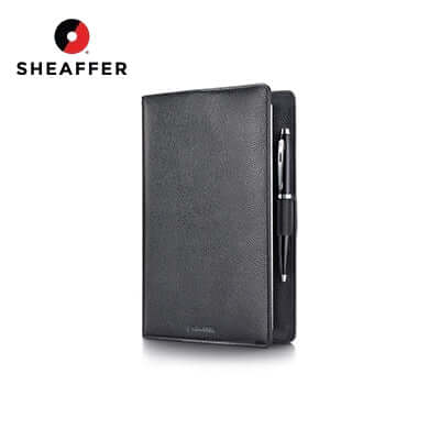 Sheaffer Gift Set 100 Ballpoint Pen with Leather Notebook Jacket displayed with a stylish black leather cover and pen.