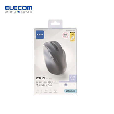 ELECOM 5 Button BT Silent Mouse packaging showcasing its Bluetooth capability and design features.