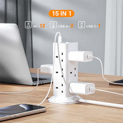TESSAN Extension Tower 12 Ways with 2 USB-A & 1 USB-C Ports for convenient charging and surge protection.