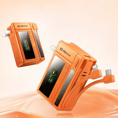 Remax FP-100 Powerbank with Wall Charger 10000mAh in vibrant orange, featuring a digital display and charging cables.