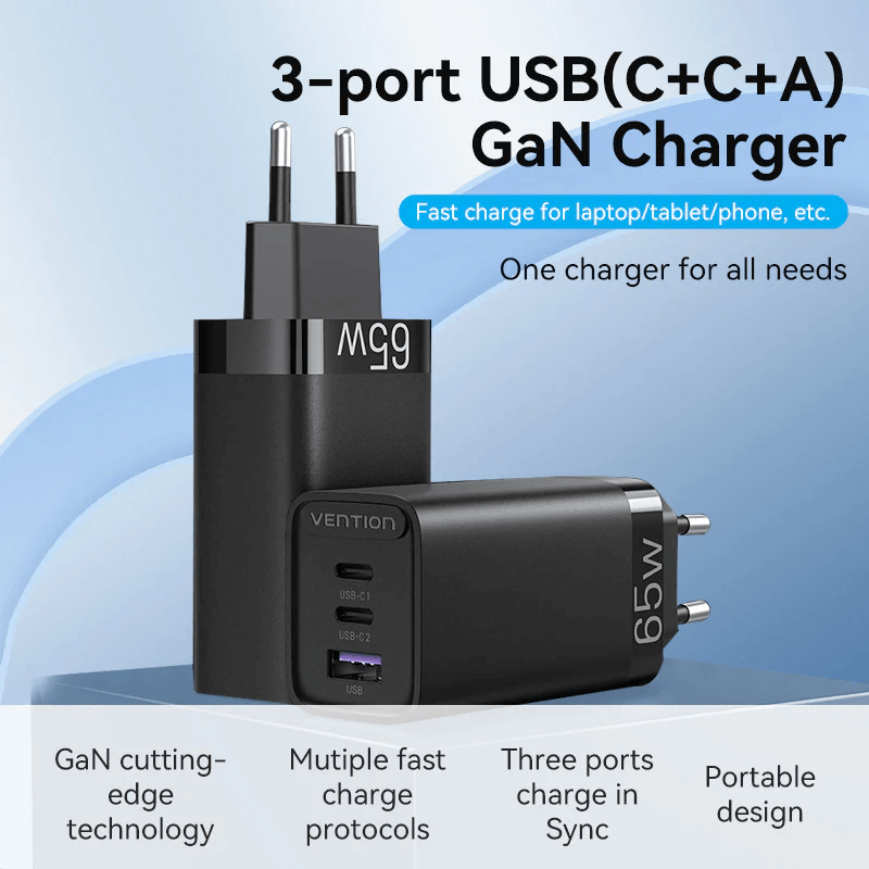 Vention 3-Port USB(C+C+A) Compact GaN Charger 65W, fast charging for multiple devices, portable design.