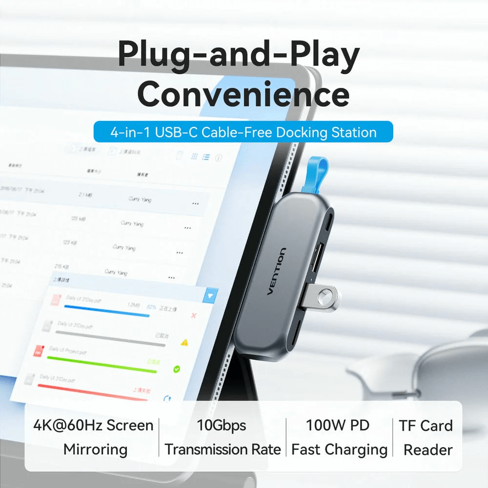 Vention 4-in-1 USB-C Cable-Free Docking Station with plug-and-play convenience and fast charging features.