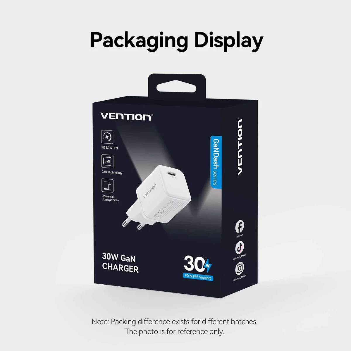 Vention 1-Port GaN Charger (30W) packaging display showcasing cutting-edge charging technology.