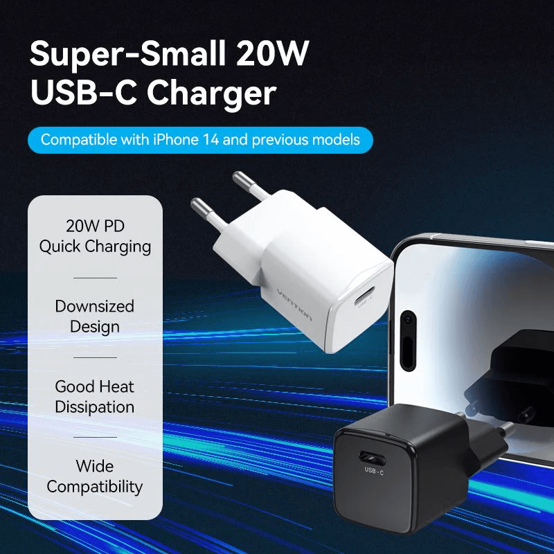 Venion 1-Port USB-C Wall Charger PD20W with 20W PD quick charging, downsized design, and wide compatibility.