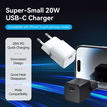 Venion 1-Port USB-C Wall Charger PD20W with 20W PD quick charging, downsized design, and wide compatibility.