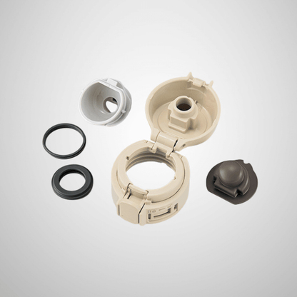 ZOJIRUSHI Stainless Thermal Flask SM-PD lid components including air vent and O-rings on a gray background.