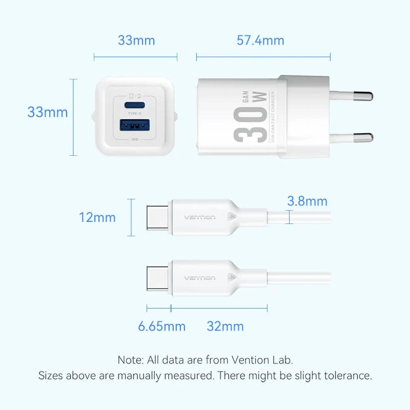 Vention 2-Port GaN Charger (30W) with Cable (1M) dimensions and specifications image.