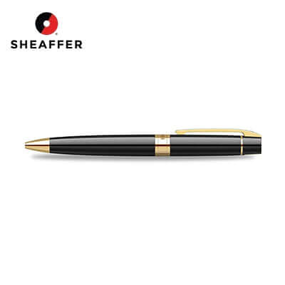 Sheaffer® Glossy Black Ballpoint Pen With Gold-tone Trim side view on white background, ideal as a corporate gift.