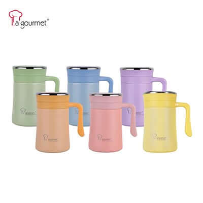La Gourmet Spring 0.5L Thermal Mug With Strainer in various pastel colors for corporate gifts.