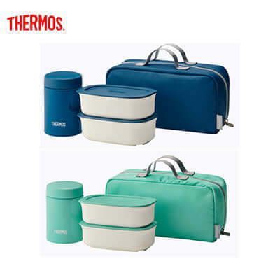 Thermos JEA-800 Lunch Box Set including food jars and bento boxes in Mint and Navy colors.