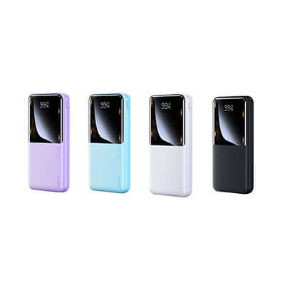 Remax RPP-622 Fast Charging Powerbank 10000mAh in four color options including purple, blue, white, and black.