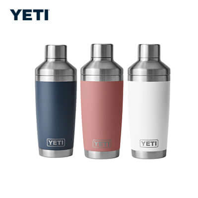 Yeti Rambler® 20oz. Cocktail Shaker in blue, pink, and white, perfect for corporate gifts.